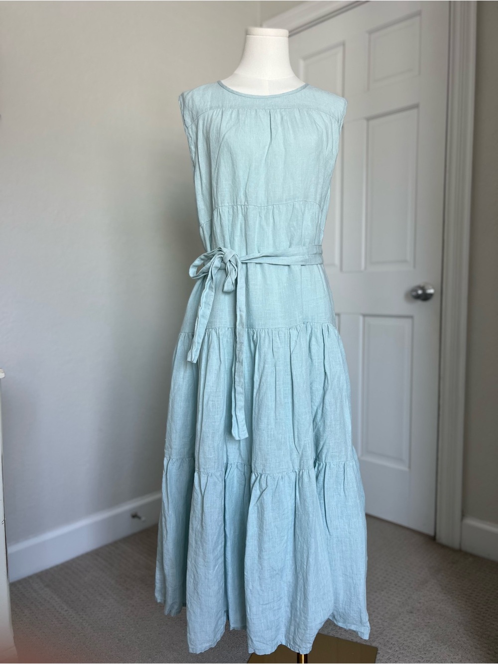 Laude The Label Women’s XL Blue Tiered Linen Maxi Dress Belted Coastal Boho